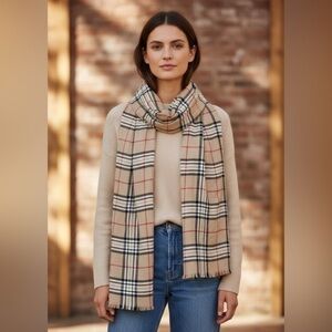 V. Fraas Beige Tan Plaid Scarf 100% Viscose Wrap Shawl Fringe 72x27